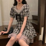 Kukombo Back to school outfit Vintage Sweet Plaid Short Party Dress Slim Fashion Chiffon Chic Mini Dress Even Party Preppy Style Dress For Women Summer 2023