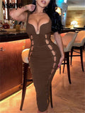Kukombo 2022 Hollow Out Women Clothing Summer Off Shoulder Strap Bodycon Midi Dress Sexy V Neck Sleeveless Fashion Party Dress
