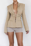 Kukombo Elegant With Waistband Full Sleeve Blazer Women Jacket 2023 Autumn Notched Collar Hollow Out Slim Coat Fall Coat