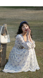 Kukombo 2022 Spring Summer Fashion Sweet Korean Style Chiffon Floral Dress Long Sleeve Square Collar Dress Elegant Casual A-Line Dress