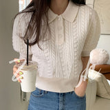 Kukombo Back to school outfit Elegant Knit Cardigan Korean Chic Summer Temperament Simple Pearl Buckle Csual Short Sleeve Thin Short Sweater Top