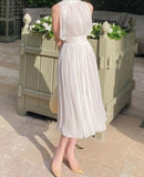 Kukombo Summer White Elegant Chiffon Midi Dress Women Sleeveless Slim Casual Pure Color Beach Dress One Piece Dress Korean Party