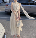 Kukombo 2022 Summer Elegant Vintage Dress Women White Design Party Slim One Piece Dress Koraen Casual Fairy White Beach Sleeveless Dress