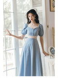 Kukombo French Puff Sleeve Court Style Cream Blue Princess Dress Women Summer Short Sleeve Fairy Dresses Retro Ladies Elegant Midi Dress