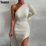 Kukombo 2022 Autumn Winter Women Evening Knitted One Shoulder Wrap White Mini Dress Sexy Party Club Elegant Bodycon Black Dresses