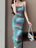 Kukombo Bodycon Slim Spaghetti Strap Midi Summer Dresses Women Elegant and Chic Party Beach Print Vestidos Female Evening Robe New