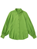 Kukombo Summer Women Solid Green Oversize Blouse Chic Loose Long Single Breasted Casual Vintage Elegant Shirt Ladies
