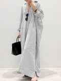 Kukombo Summer New Dress Fashion Cotton Linen Striped Cardigan Loose Large Casual Temperament Commuter Irregular Women's Long Dress