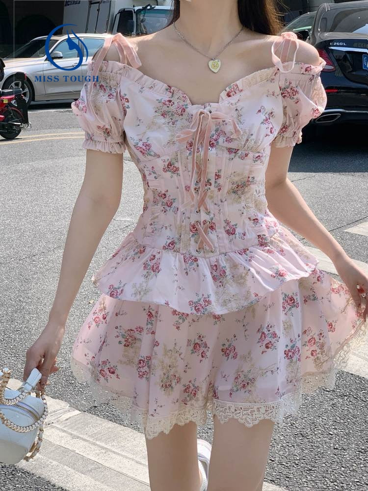 Kukombo 2 Piece Dress Set Women Kawaii Clothing Fashion Suits Floral Y2k Crop Tops + Short Skirts Elegant Blouse Korea Style 2023 Summer