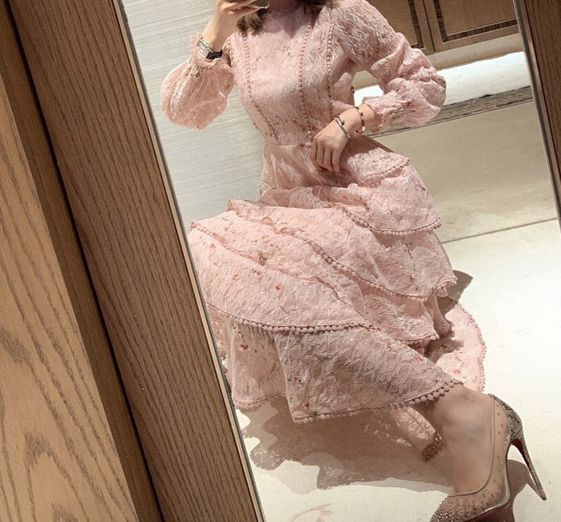 Kukombo New Pink Lace Woman Dresses Autumn Long-Sleeve Floral Embroidery Elegant Party Maxi Dress Woman Bud Bodycon