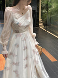 Kukombo Autumn Lace Floral Print Dress Women Casual Fairy Party Midi Dress Female Korean Fashion Patchwork Vintage Chic Dress 2024 New
