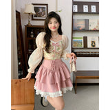 Kukombo Autumn Pink Kawaii Mini Skrts Women Lace Patchwork Korean Fashion Party Skirt Female Casual Chic Designer Bandage Skirts