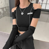 Kukombo  Cool Short Patchwork Hollowed Out Shoulder T-shirt Women's Letter O-Neck Slim All-match Exposed Navel Top with Sleeve