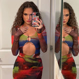 Kukombo Cyber Monday Sales Summer Casual Bodycon Slim Tight Dress Tie Dye Printed Long Sleeve Hollow Out Maxi Dresses For Women Party Club Vestido De Mujer