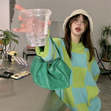 Thanksgiving Gift Korean Fashion Plaid Sweater Oversize Retro Vintage Clothes Autumn Winter Checkerboard Knit Jumper Black Pullover