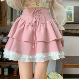 Kukombo Autumn Pink Kawaii Mini Skrts Women Lace Patchwork Korean Fashion Party Skirt Female Casual Chic Designer Bandage Skirts