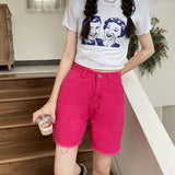 Kukombo Rose Red Denim Shorts Women Korean Fashion High Waist Ripped Wide Leg Pants Summer New Loose Short Jeans Female