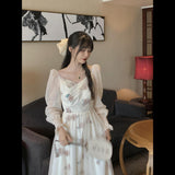 Kukombo Autumn Lace Floral Print Dress Women Casual Fairy Party Midi Dress Female Korean Fashion Patchwork Vintage Chic Dress 2024 New