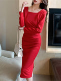Kukombo Women's Spring Autumn Elegant Party Midi Dress Slim Waist Solid Office Lady Vestidos Sexy Split Long Sleeve Bodycon Clothing