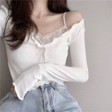 Kukombo  White Lace Fake Two Piece Suspender Long Sleeve T-Shirt Women's Autumn Machine Sexy Off Shoulder Bottoming Shirt Short Tops