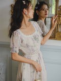 Kukombo Women's Summer Short Sleeve Floral Dress Square Neck Lace Sweet Retro Chiffon Midi Dress Elegant Ladies Dress High Waist Cutout