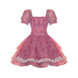 Kukombo Pink Floral Short Party Dress Lace Puff Fairy Kawaii Clothing Mini Dress Fashion Birthday Lolita Dress Women Summer 2023