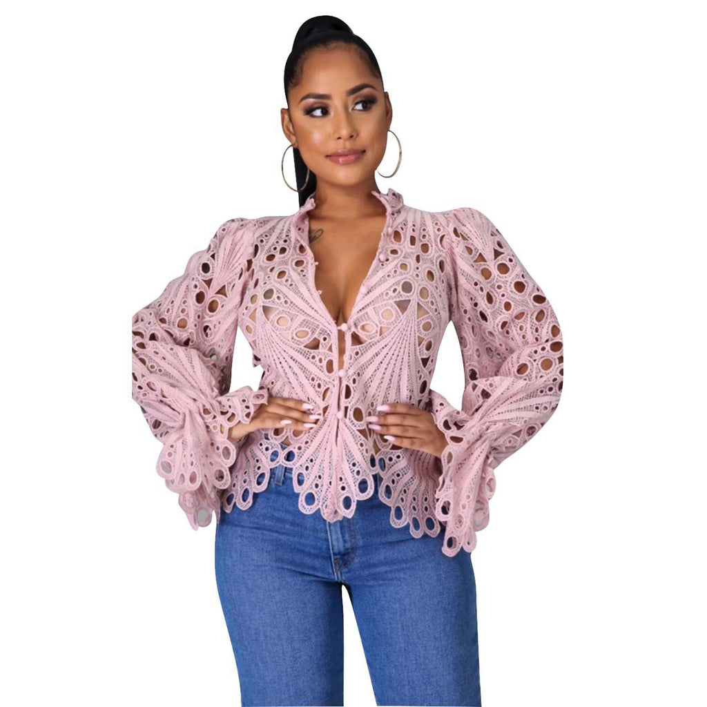 Kukombo Puff Long Sleeve Top Women Blouses Elegant Sexy Casual Lace Crop Tops Shirt Office Lady Luxury Club Party Fall Clothes