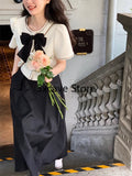 Kukombo  Bow Elegant Vintage Blouse Women Casual Short Sleeve Design O-Neck Coats Party Y2k Crop Tops Female Korean Clothing 2022 Summer