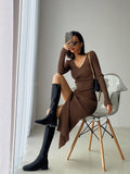 Kukombo Long Sleeve Midi Dress Woman V Neck Knitted Dresses Solid Autumn Winter High Slit Bodycon Dress Y2k Fashion Khaki Sweater Dress