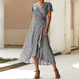 Kukombo Summer Vacation Holiday Dress Boho Green Printed Sashes Ruffles Bohemian Midi Dress V-Neck Irregular Short Sleeve Sundress