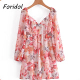 Graduation Gift Big Sale Floral Print Waist Cut Out Sexy Summer Long Sleeve Boho Dress Women Elegant A-line Short Dress Chiffon Beach Dress Femme