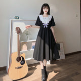 Kukombo JK Black Short Sleeve Dress Women Korean Loose Bow Sailor Collar Maxi Long Dresses Female Summer New Preppy Style