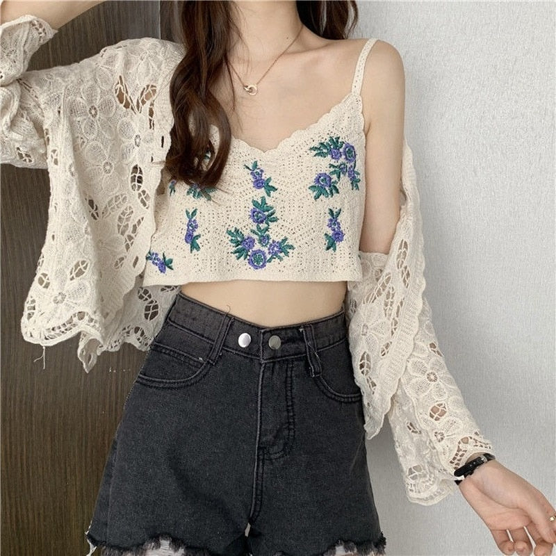 Kukombo Summer Hollow Cardigan Women Japanese New Thin Lace Knitted Jacket Woman Outwear Long Sleeve Cropped Tops