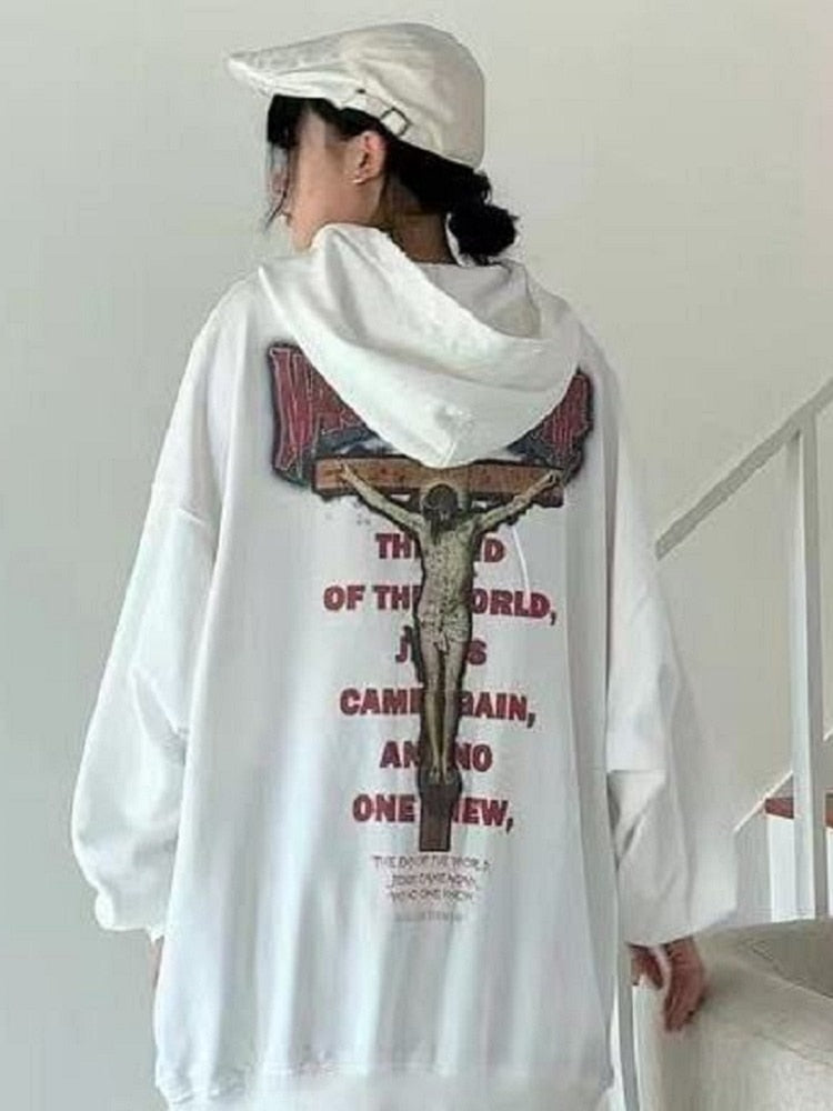 Cyber Monday Sales Gothic Jesus Print Oversize Hoodie Women Vintage Harajuku White Crewneck Sweatshirts Pullover Female Mall Goth Tops