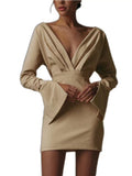 Cyber Monday Sales Autumn Sexy Solid Color Deep V Neck Blouses Slim Short Skirt Long Sleeve Mini Black Dress For Women Clothing Vestidos De Mujer