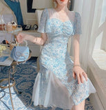 Kukombo Niggeey Chic Elegant Blue Chiffon Women's Summer Dress Vintage Short Flare Sleeve Split Fairy Dresses One Piece Dress Korean