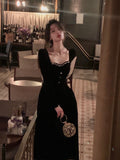 Kukombo Autumn Vintage Black Velvet Dress Women Korean Fashion Elegant Midi Dress Casual Slim Long Sleeve Party Dress Woman Design