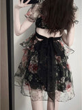 Kukombo Summer Korean Fashion Print Lolita Dress Women Bow Sexy Fairy Y2K Dress Female Casual Vintage Elegant Party Mini Dress 2023 New