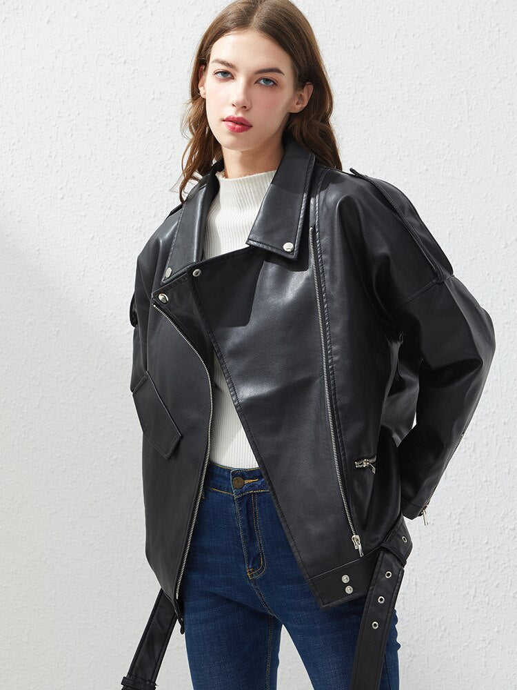Black Friday Sales Spring Autumn Faux Leather Jacket With Belt Women Casual Loose Biker Outwear Female BF Black Leather Coat