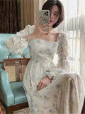 Kukombo One Piece Dress Fairy Floral Midi Dress Women Puff Sleeve Elegant Vintage Dress Female Party Dress Lady 2022 Summer Traf Robe