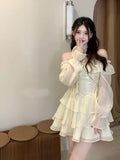 Kukombo Long Sleeve Elegant Mini Dress Lolita Pure Color Short Party Dress Woman Casual 2024 Spring Sweet One Piece Dress Korean Fashion
