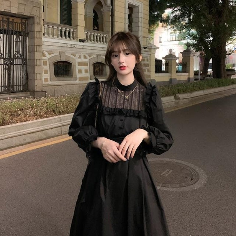 Kukombo Gothic Black Lace Dress Women Casual Elegant Party Midi Ruffle Long Sleeve Dress Emo Y2k Goth Clothes 2022 Spring Robes