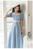 Kukombo French Puff Sleeve Court Style Cream Blue Princess Dress Women Summer Short Sleeve Fairy Dresses Retro Ladies Elegant Midi Dress