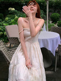 Kukombo Sexy Elegant Fairy Strap Dress Women Sweet Floral Vintage Party Midi Dress Female Summer 2022 Backless Beach Korean Casual Dress