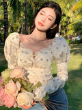 Kukombo 2022 Summer Sexy Party Floral Blouse Women Elegant Bodycon Chic Beach Casual Tops Female Lace Korean Boho Holiday Chiffon Blouse