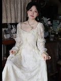 Kukombo Autumn Vintage Lace Fairy Dress Women Solid Floral Party Midi Dress Female Korean Fashion Designer Elegant Slim Dress 2023 New