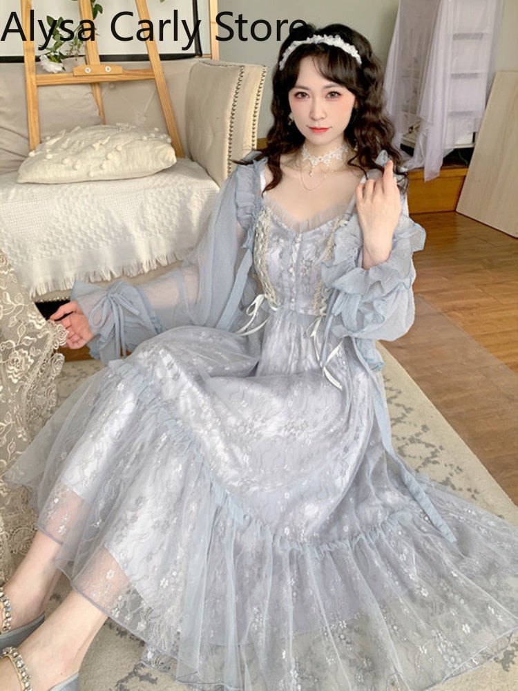 Kukombo Summer Lace Vintage Straps Dress Women Chiffon Patchwork Casual Party Floral Dress Female 2022 Korean Fashion Empire Sweet Dress