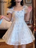 Kukombo Kawaii Vintage Fairy Dress Women 2022 Summer Sweet Lace Floral Elegant Princess Dress Female Casual Boho Korean Party Mini Dress