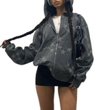 Kukombo Star Print Women's Long Sleeve Sweatshirt Loose Fit with Pocket Harajuku Style Hoodie Cardigan Unisex Casual Fall Coat