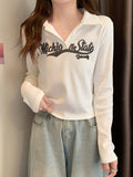 Kukombo Autumn Print Vintage T-shirt Women Korean Fashion Designer Slim Polo Shirt Female Long Sleeve High Street Y2K Casual Tops